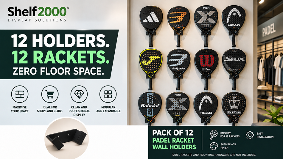 Padel racket wall holders pack of 12 for shops, clubs and pro shops